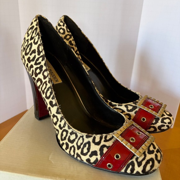 Steve Madden Mindyy Pumps Cheetah Calf Hair Red Buckle Size 10 Leopard Heel - Picture 4 of 16